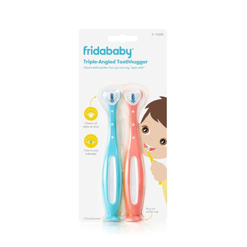 Photo 1 of Frida Baby Triple-Angle Toothhugger Training Toddler Toothbrush | Toddler Toothbrush 2 Years and Up, Cleans All Sides at Once | 2 Pack (Pink + Blue)
