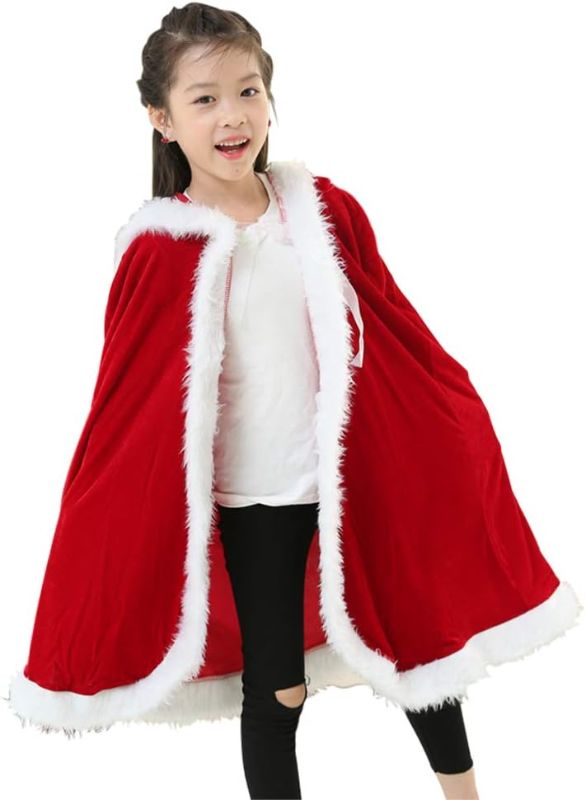 Photo 1 of Adult Children Christmas Santa Claus Robe, Velvet Red Hooded Cloak, Xmas Party Costume Masquerade Cape for 6+ Years Old(Child)
