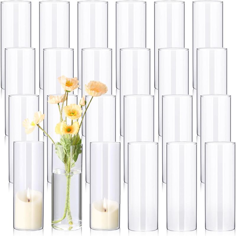 Photo 1 of 24 Pcs 8 Inch Tall Glass Vases Bulk Clear Cylinder Flower Vases Transparent Candle Holder Glass Cylinder Vases Floral Plant Vase Bulk for Wedding Centerpieces Home Decoration Dinners Party Event
