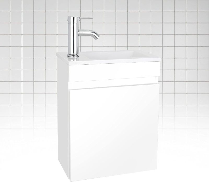 Photo 1 of 16" Bathroom Vanity W/Sink Combo for Small Space, Wall Mounted Bathroom Cabinet Set with Chrome Faucet Pop Up Drain U Shape Drain(White)
