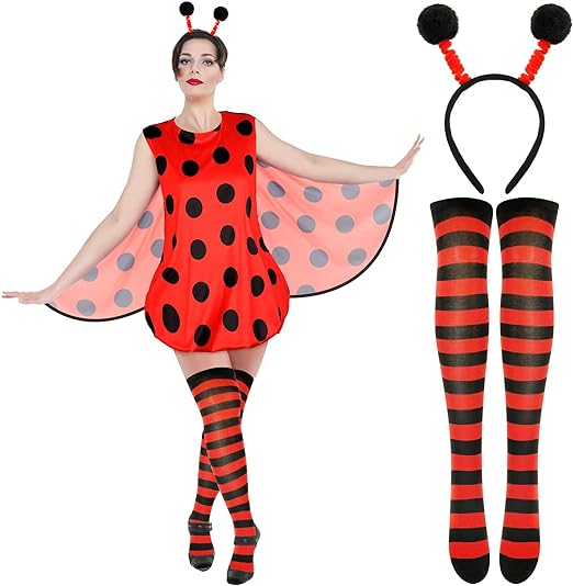 Photo 1 of 3 Pcs Halloween Women Ladybug Costume Set Ladybug Costume Dress Headband Socks for Halloween Cosplay XLarge