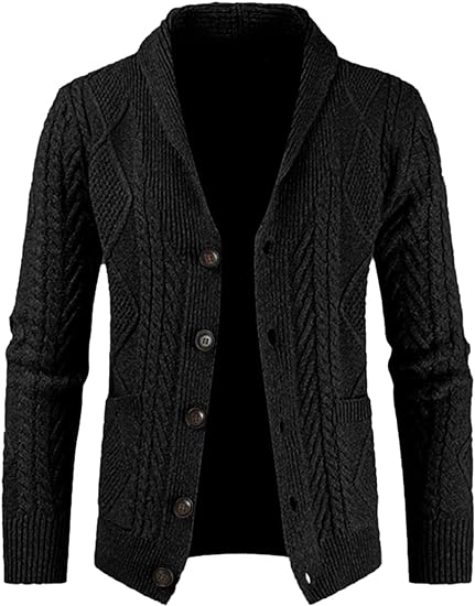 Photo 1 of JMIERR Men's Casual Long Sleeve Shawl Collar Buttons Down Cable Knit Cardigan Sweater with Pockets X-Large 1 Black