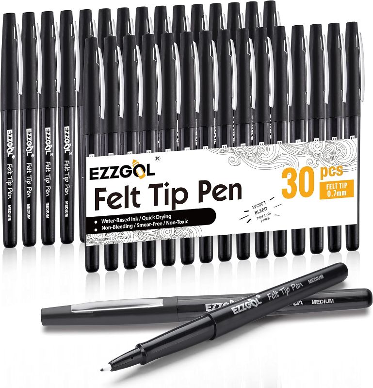 Photo 1 of Ezzgol Black Felt Tip Pens, 30 Pack, 0.7mm Premium Medium Fine Point, Felt Tip Markers For Writing, Journal, Planner Coloring, Note Taking, Drawing, Art, School Fine Medium