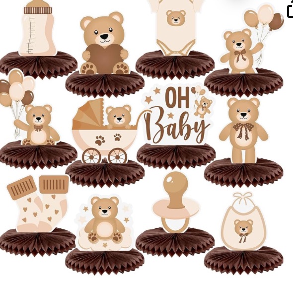 Photo 1 of Bencailor 12 Pcs Neutral Cream Bear Baby Shower Honeycomb Centerpieces Bear Table Decorations Bear Baby Shower Decorations Baby Shower Table Centerpieces Table Toppers for Baby Shower Birthday Party