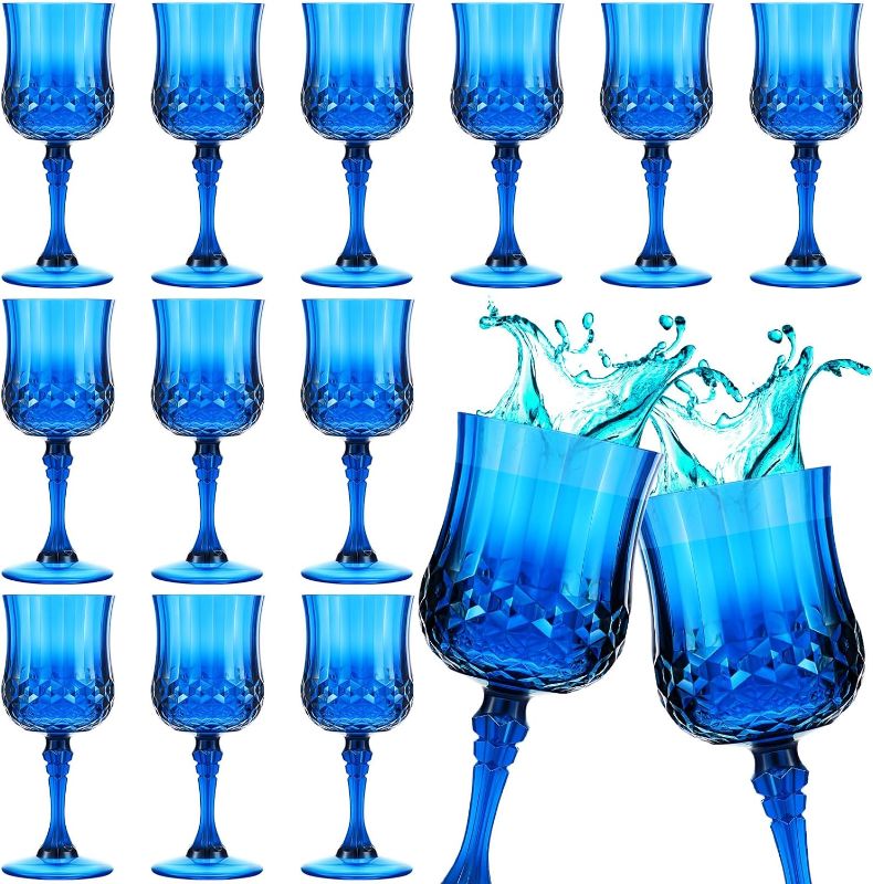 Photo 1 of Pinkunn 12 Pcs Patterned Plastic Wine Glasses Colorful Goblet Champagne Flutes Glasses Vintage Style Dishwasher Safe Drinking Glasses for Wedding, Reception, Grand Event Party Supplies (Blue)