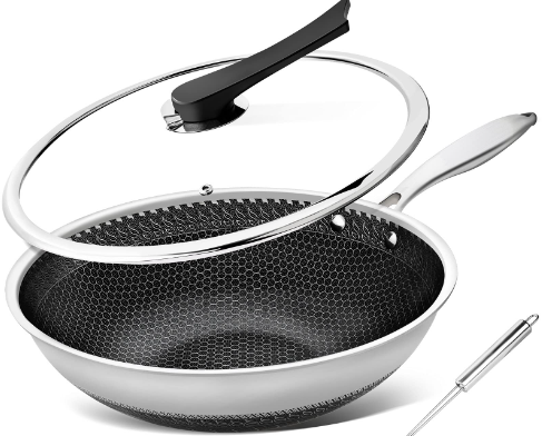 Photo 1 of MICHELANGELO Wok Pan with Lid, Stainless Steel Wok 12 Inch, Woks & Stir-fry Pans with Honeycomb Coating, Nonstick Wok with Lid, Induction Wok Set with Spider Strainer and Steaming Rack 12"