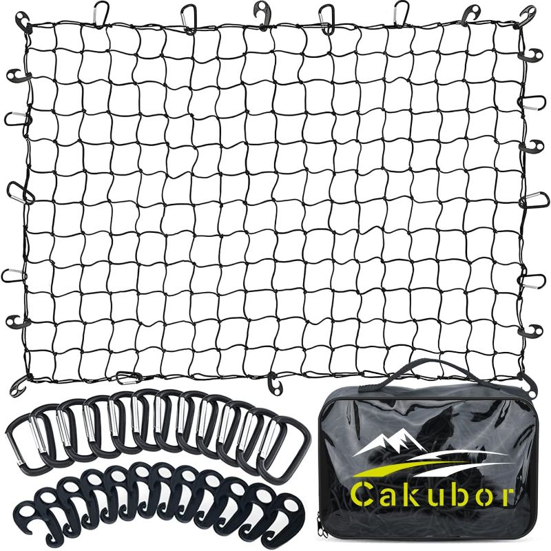 Photo 1 of Cakubor Cargo Net for Pickup Truck Bed SUV, 4'x6' Stretches to 10'x15' Roof Rack Net, Small 4”x4” Mesh Heavy Duty Bungee Cargo Net, Compatible with Dodge Ram, Chevy Ford, Toyota
