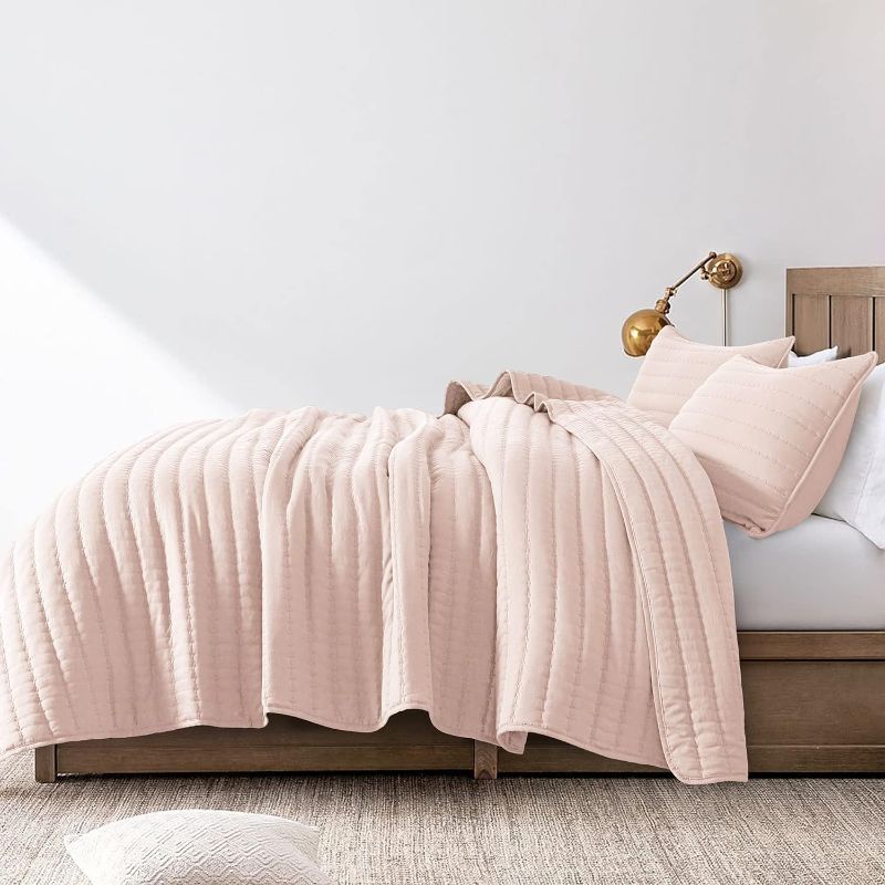 Photo 1 of ROARINGWILD Pink Queen Size Quilt Bedding Sets with Pillow Shams, Mustard Full Lightweight Soft Bedspread Coverlet, Quilted Blanket Thin Comforter Bed Cover for All Season, 3 Pieces, 90x90 inches