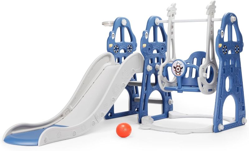 Photo 1 of 4 in 1 Toddler Swing and Slide Set for Age 1-6 Indoor Playground for Children Baby Swing Set with Slide, Climber, Basketball Hoop and Long Slide for Boys and Girls Blue ***stock photo similar item***