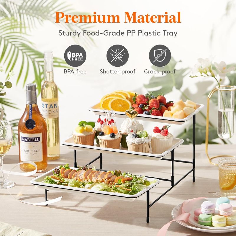 Photo 1 of 
Lifewit 3 Tier Plastic Serving Tray for Party Supplies, 12" x 6.5" Platters for Serving Food, White Reusable Trays with Black Metal Display Stand...