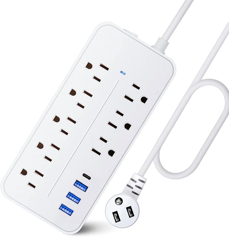 Photo 1 of 20FT Surge Protector Power Strip Extension Cord with USB C, Asamoom Flat Plug Power Strip with Long Cord, 8 Outlets and 3 USB A & 1 USB-C Port,1700J Wall Mount Desk Power Strip White
