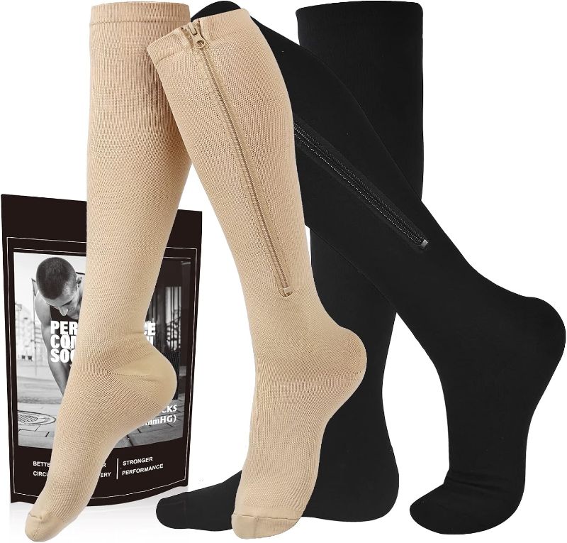 Photo 1 of cerpite Zipper Compression Socks, 2 Pairs 15-20 mmHg Closed Toe Compression Stockings for Men Women?Suit for Running,Nurse,Travel,Cycling,Athletic
