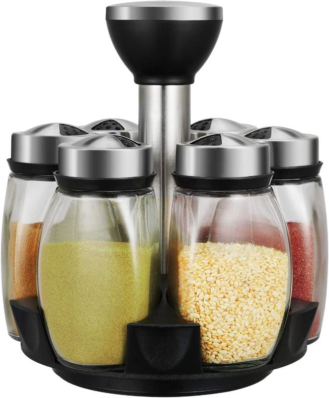 Photo 1 of 6-Jar Revolving Spice Rack Organizer Holder, Kitchen Countertop Seasoning Stand Organizer Include 6 Glass Jar Bottles, Great Gift For Chefs & Foodies (Spices Not Included)
