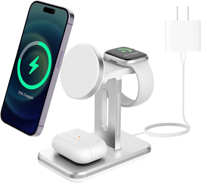 Photo 1 of 15W Fast 3 in 1 Wireless Charging Station Multiple Devices for MagSafe Charger Stand for iPhone 12 13 14 15 pro max Plus for Apple Watch 9 8 7 6 5 for AirPods Pro 3 2-White