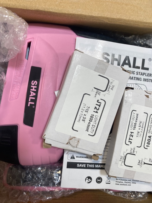 Photo 5 of SHALL Pink Electric Staple Gun, 2 in 1 Cordless Upholstery Stapler Nail Gun for Wood, 4V Rechargeable Brad Nailer Kit w/ 2500 Staples Nails, Staple Remover & Fast Charger for Crafts, DIY, Decoration