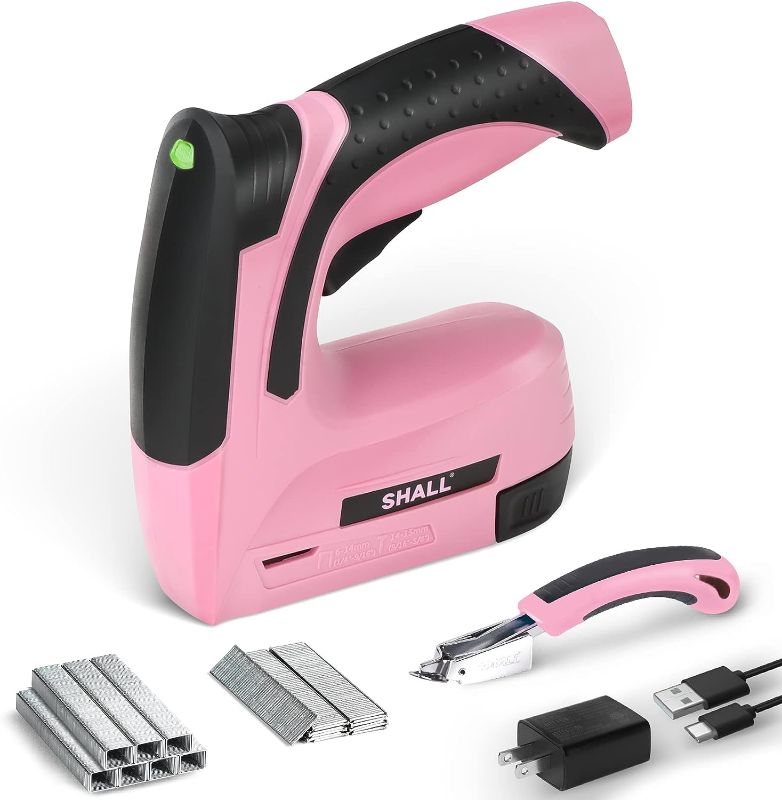 Photo 1 of SHALL Pink Electric Staple Gun, 2 in 1 Cordless Upholstery Stapler Nail Gun for Wood, 4V Rechargeable Brad Nailer Kit w/ 2500 Staples Nails, Staple Remover & Fast Charger for Crafts, DIY, Decoration