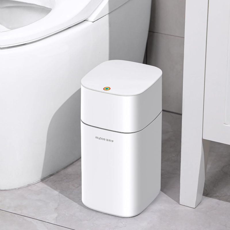 Photo 1 of funest Bathroom Trash Can with Lids, 2.6 Gallon Small Plastic Garbage Cans with Press Pop-up Top Lid, Slim/Narrow Office Rubbish Can, Dog/Cat-Proof Trash Bin, Waterproof Wastebasket, White