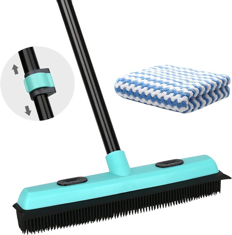 Photo 1 of Rubber Broom Carpet Rake for Pet Hair Removal, Fur Remover Broom with 59" Telescoping Long Handle, Pet Hair Broom with Squeegee for Carpet, Hardwood Floor, Tile