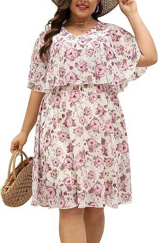 Photo 1 of Keluummi Plus Size Wedding Guest Dresses for Curvy Women, Summer Casual Boho Floral Chiffon Midi Dress, Empire Waist, V Neck
