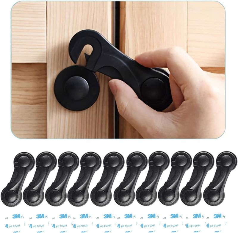 Photo 1 of Child Safety Cabinet Locks (10 Pack) - Baby Proofing Latches Lock for Drawers, Toilet Seat, Fridge, Oven, with 10 Extra 3M Adhesives (Black)
