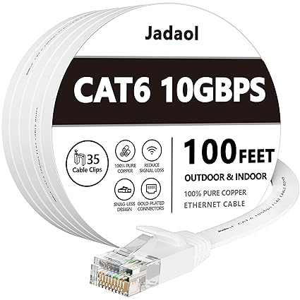 Photo 1 of Cat 6 Ethernet Cable 100 ft, Outdoor&Indoor, 10Gbps Support Cat8 Cat7 Network, long Flat Internet LAN Patch Cord, Cat6 Solid High Speed weatherproof Cable for Router, Modem, PS4/5, Xbox, Gaming, White