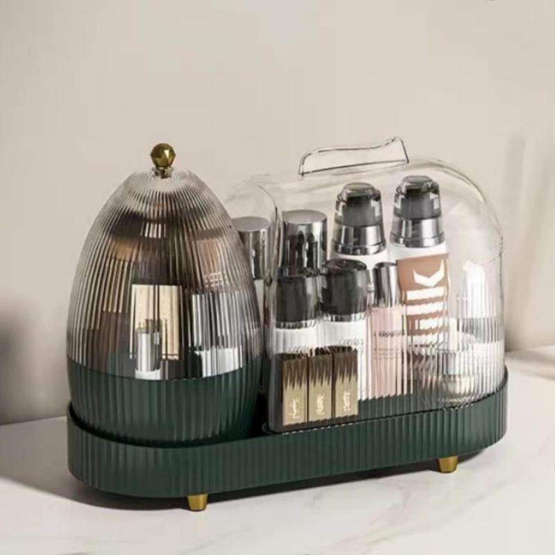 Photo 1 of Booklov 360 Rotating Makeup Organizer with Lid,Large Capacity Makeup Storage Case, Rotatable Cosmetic Storage Rack, Cosmetic Display Case (Green)