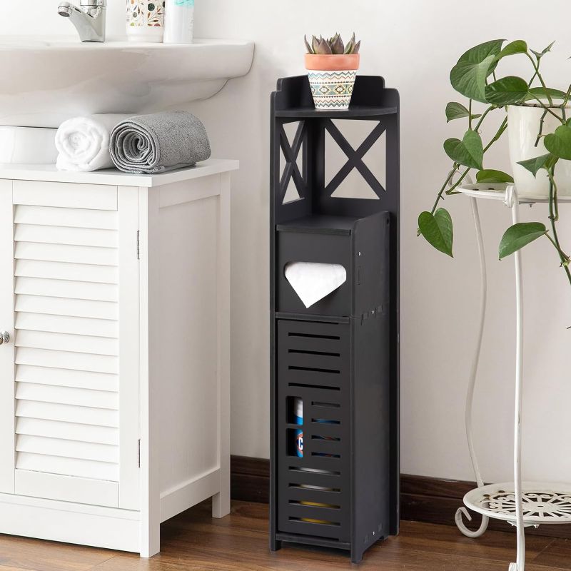 Photo 1 of AOJEZOR Toilet Paper Storage,Small Bathroom Storage for Half Bathroom,Small Bathroom Storage for Tiny Spaces,Little Shelf for Bedroom,Narrow Toilet Paper Cabinet for Restroom,Black