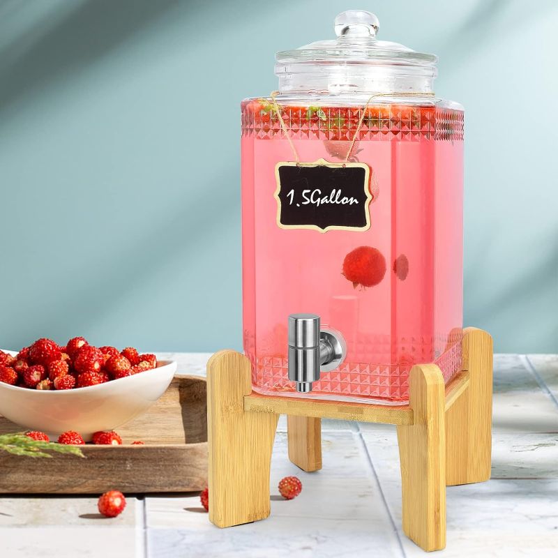 Photo 1 of 1.5 Gallon Glass Beverage Dispenser With Stand(Natual Bamboo). Water Drink Dispensers for Parties With Stainless Steel Spigot 100% Leakproof.Perfect For Parties And Daily Use.
