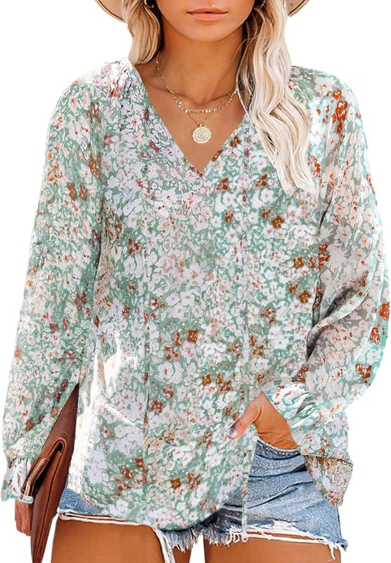 Photo 1 of Eytino Women Plus Size Casual Boho Floral Printed V Neck Long Sleeve Drawstring Blouses Shirts Tops,1X White 101
