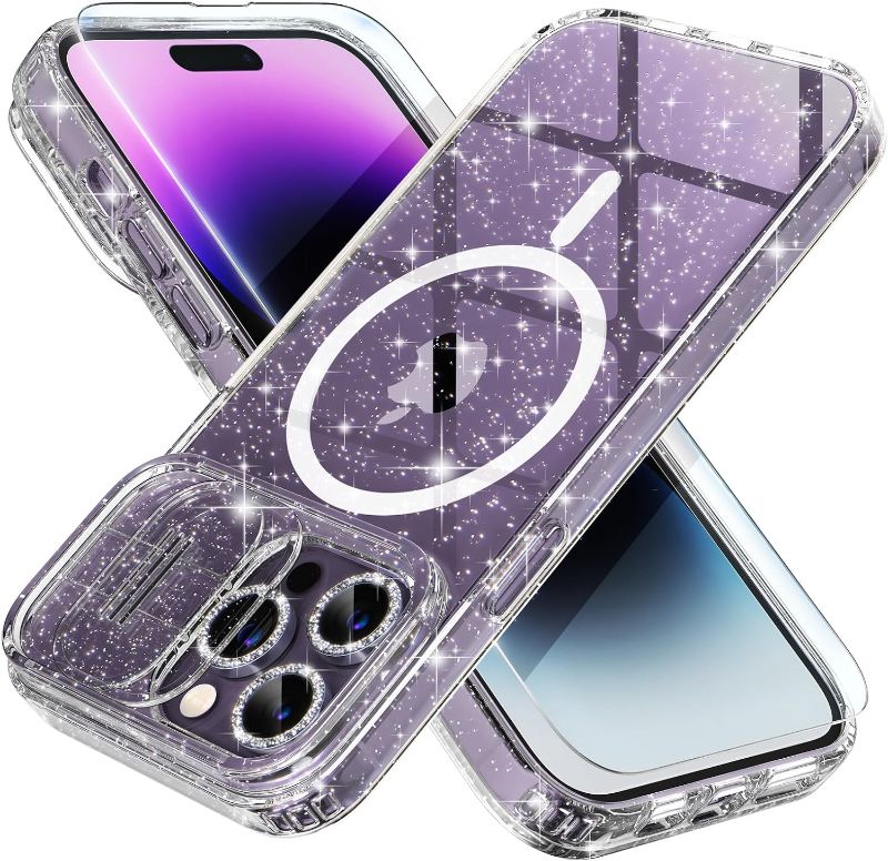 Photo 1 of Choiche Magnetic Case for iPhone 14 Pro Max Case, Women Clear Glitter Sparkly Case, [Slide Camera Cover & 3 Diamond Camera Lens Protectors & 2 Screen Protectors] [Compatible MagSafe] (Glitter Clear)
