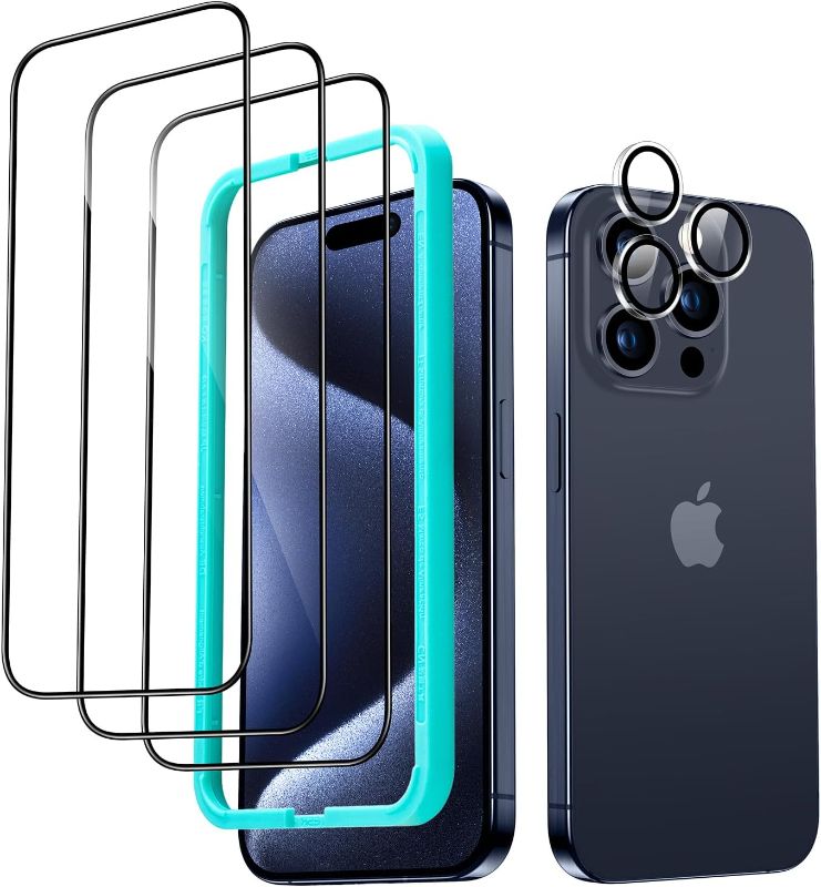 Photo 1 of ESR 3+1 Pack for iPhone 15 Pro Screen Protector, 3 Black Edge Tempered-Glass Film and 1 Set Camera Lens Protector, 2.5D Curved Edges, Full-Coverage Military-Grade Protection, Scratch Resistant
