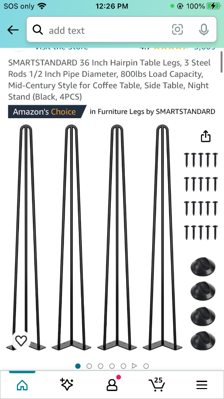 Photo 1 of SMARTSTANDARD 36 Inch Hairpin Table Legs, 3 Steel Rods 1/2 Inch Pipe Diameter, 800lbs Load Capacity, Mid-Century Style for Coffee Table, Side Table, Night Stand (Black, 4PCS)