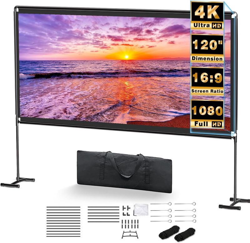 Photo 1 of HOVOBO Upgraded Projector Screen with Stand, 120" Foldable Projector Screen Frame 16:9 4K Double Sided Movie Screen with Carrying Bag, Triangular Design Stable Frame for Indoor Outdoor Home Camping