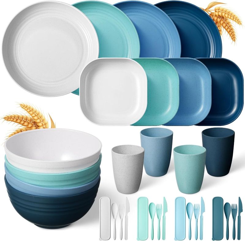 Photo 1 of 2 sets of Wheat Straw Dinnerware Sets,Unbreakable Dishes Microwave Safe Dinnerware,Lightweight Reusable Bowls with Plates,Cups,Knives,Forks and Spoons Utensil Set for Camping 