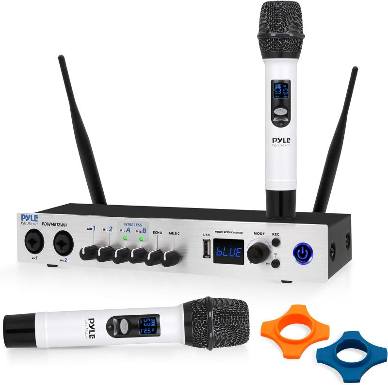 Photo 1 of Pyle UHF Wireless Microphone System - Portable Digital Audio Sound Mixer Receiver w/Bluetooth, 2 Handheld Mic, Receiver Base, Addressable Frequency, Great for Home Karaoke & Professional Use, White