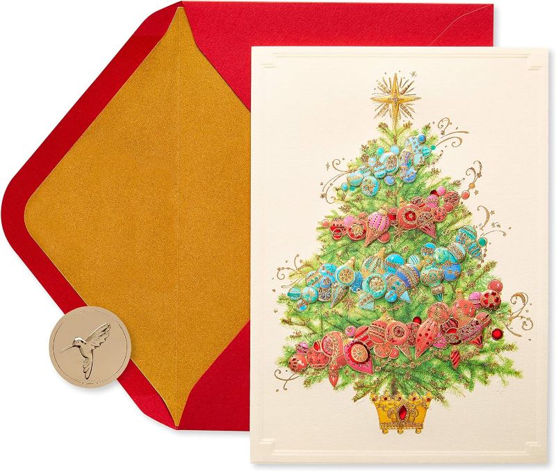 Photo 1 of Papyrus Boxed Christmas Cards with Envelopes, Peace and Happiness, Glitter-Free Christmas Tree (12-Count) Glitter-Free Christmas Tree with Holiday Ornaments Cards