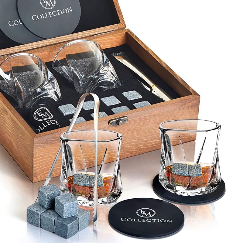 Photo 1 of **DAMAGED EMCOLLECTION Whiskey Glasses | Whisky Stone Gift Set | Bourbon Glasses | Old Fashioned Glasses Set of 2 | Wiskey Chilling Stone | Coasters, Forceps | Cooling Whiskey Stones Set of 2 Glass