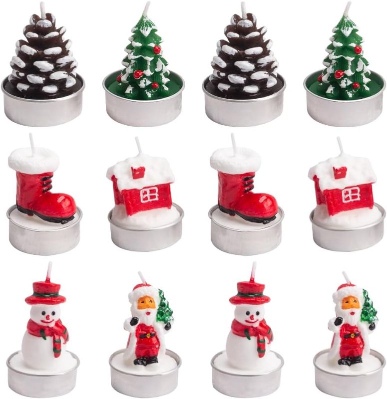 Photo 1 of 12 Pcs Christmas Taper Candles, White Tea Lights Candles, Santa Claus Christmas Tree Snowman Pinecone Shoe House Candles Gifts for Christmas Decor Party Bedroom Room Table Decorations, 6 Style