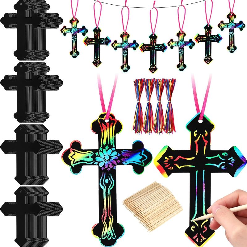 Photo 1 of 160 Sets Scratch Cross Ornaments Scratch Paper Kit Christian Rainbow Color Crosses for Crafts Sunday School Crafts Religious Gifts Bulk for Boys Girls DIY Art Party Easter Birthday Classroom