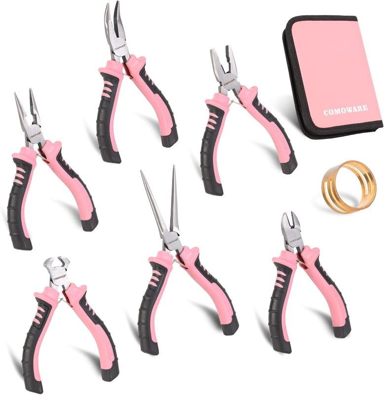 Photo 1 of COMOWARE 6-Piece Mini Pliers Set, Needle Nose, Long Nose, Bent Nose, Diagonal, End Cutting and Linesman, for Crafts Work, Electronic Repair, with Pink Pouch