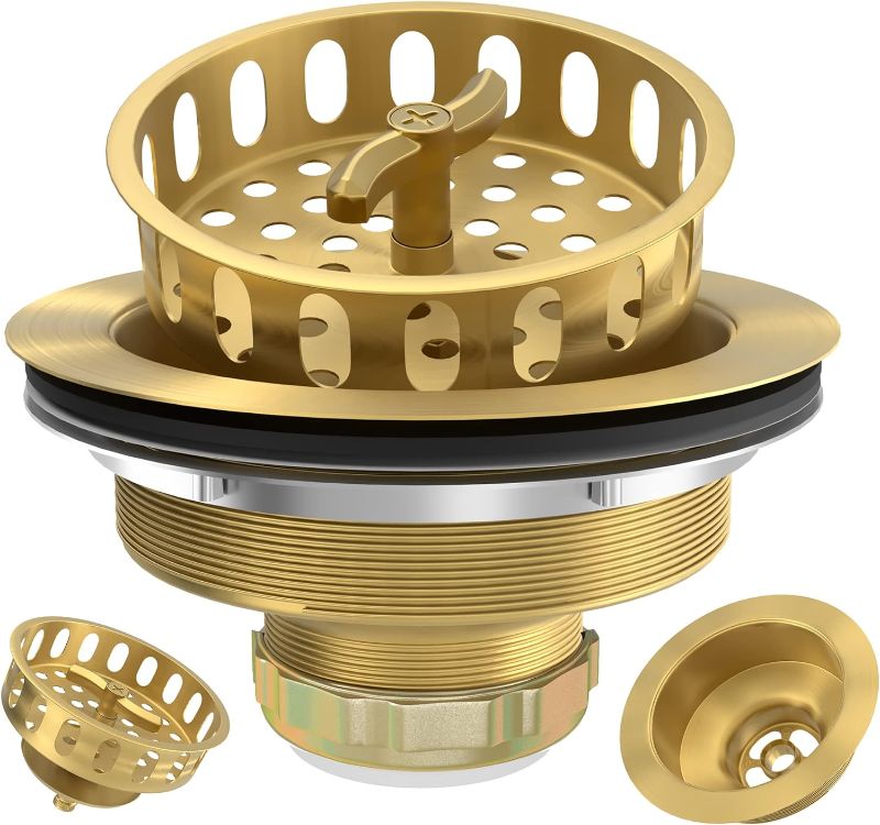 Photo 1 of Gold Sink Drain Strainer 3-1/2 Inch Kitchen Sink Drain Assembly Kit with Stainless Steel Strainer Basket and Drain Stopper for Standard Kitchen Sink Brushed Gold