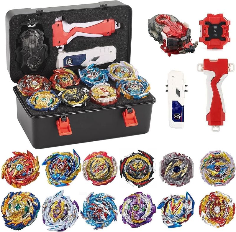 Photo 1 of Bey Battle Burst Gyro Blade Toy Set Gift with Portable Box 12 Spinning Tops 2 Two-Way Launcher Metal Fusion Attack Top Battling Game Gift for Boys Children Kids