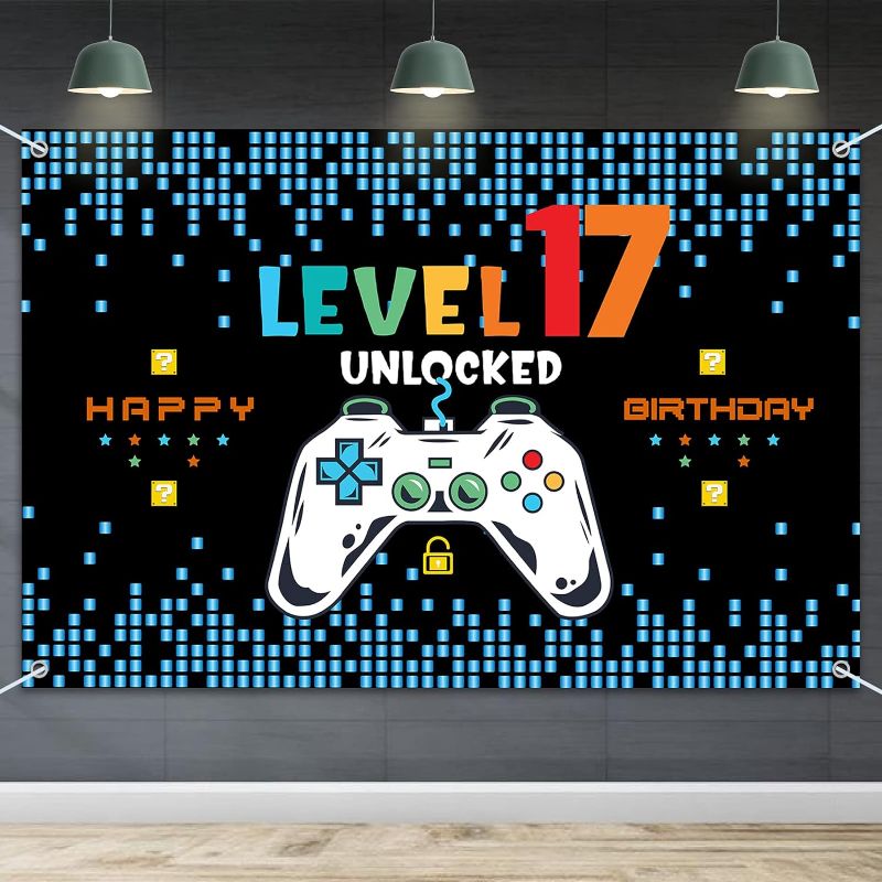 Photo 1 of HAMIGAR 6x4ft Happy 17th Birthday Baner Backdrop - Level 17 Unlocked Birthday Decorations Party Supplies for Boys - Blue