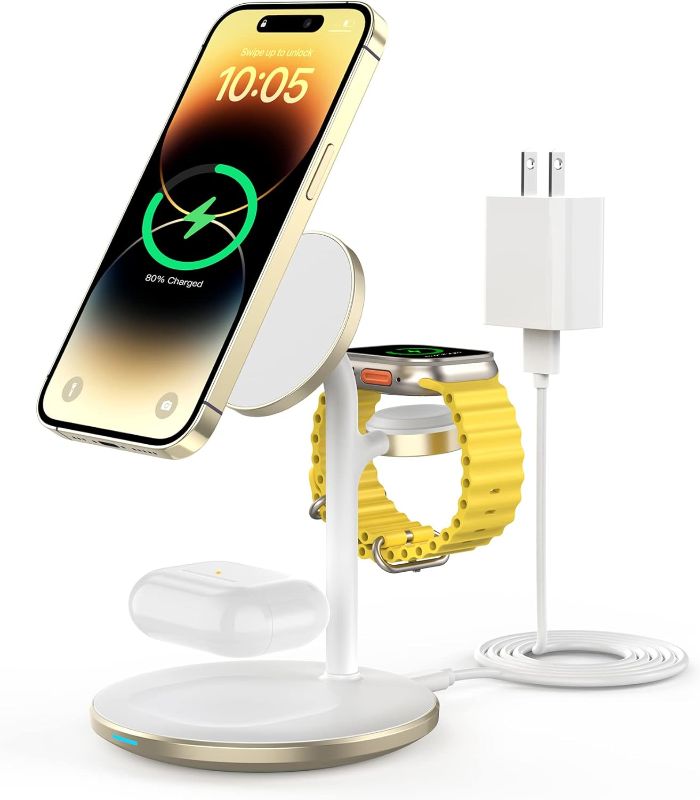 Photo 1 of 3 in 1 Wireless Charging Station for Multiple Devices, 15W Fast Wireless Mag-Safe Charger Stand for iPhone 15 14 13 12 Pro Max/Plus/Pro/Mini, Mag Safe Charger for iWatch Ultra/8/7/SE/6/5/4/3, AirPods