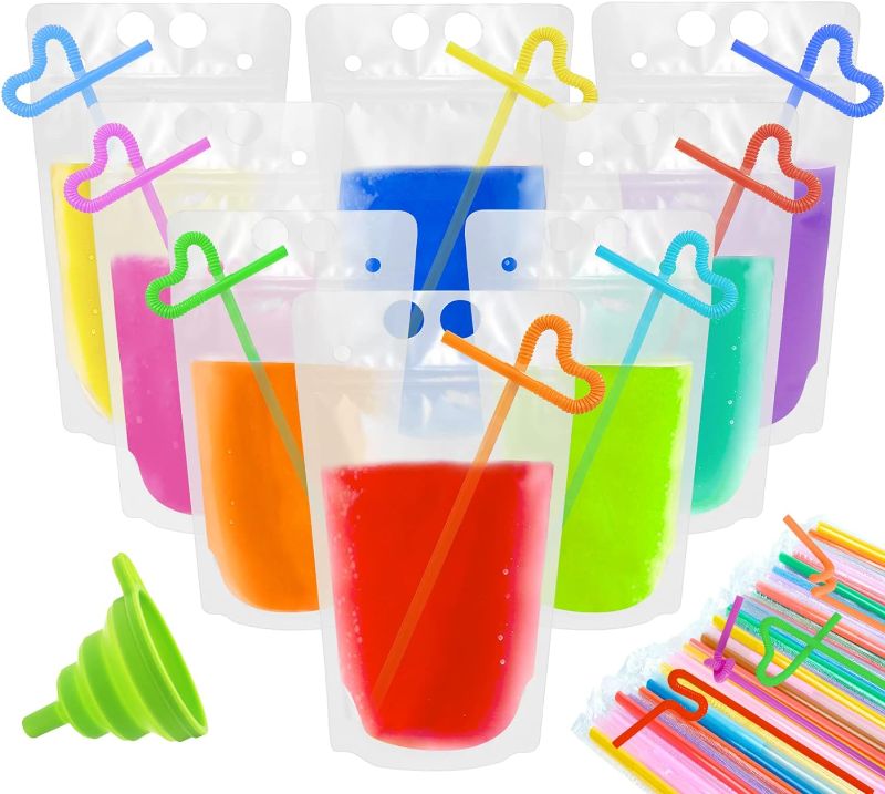 Photo 1 of 200 Pcs Drink Pouches, Reusable Plastic Juice Pouches for Adults Stand-up Smoothie Drink Pouches for Adults with Straw Funnel for Cool Summer Party, Cold Hot Drinks