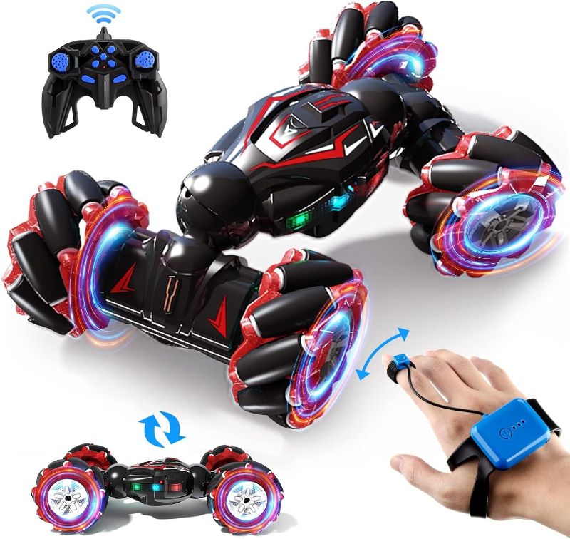 Photo 1 of Deejoy 1:12 Red RC Stunt Car, 2.4GHz 4WD Remote Control Gesture Sensor Toy, Double Sided Rotating Off Road Vehicle 360° Flips with Lights Music, Cars for Boys & Girls Birthday