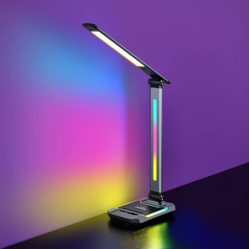 Photo 1 of WILIT LED RGB Gaming Desk Lamp, Voice Activated Changing Colors Rhythm Light with Wireless Charger and USB Charging Port, Colorful Ambient Light Touch Table Lamp for Gaming, PC, Room Decoration
