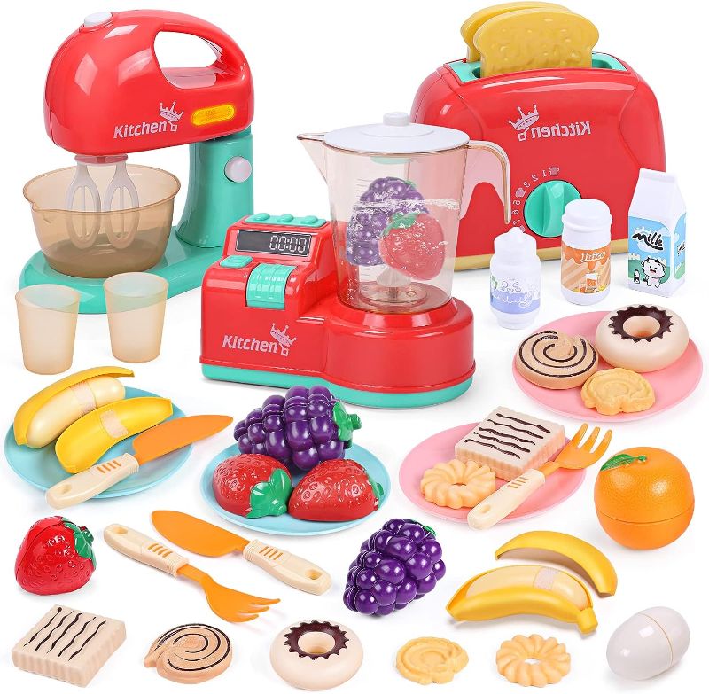 Photo 1 of CUTE STONE Toy Kitchen Appliances Playset, Kids Kitchen Toy Mixer and Blender with Sound & Lights, Play Toaster, Cutting Play Food, Toddler Play Kitchen Accessories Set for Boys Girls
