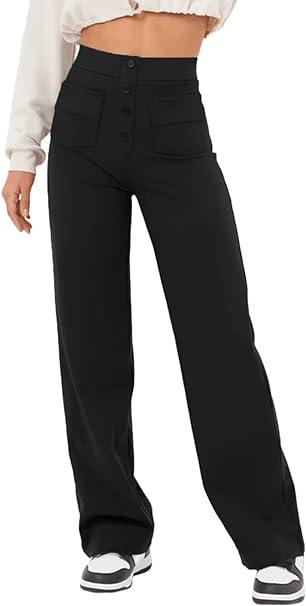 Photo 1 of EVALESS Women's Straight Leg Pants Fahion 2024 High Waisted Button Down Stretchy Work Trousers with Pockets