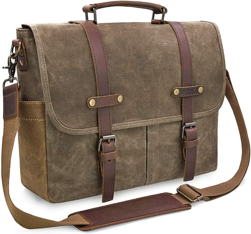 Photo 1 of Mens Messenger Bag 15.6 Inch Waterproof Vintage Genuine Leather Waxed Canvas Briefcase Large Satchel Shoulder Bag Rugged Leather Computer Laptop Bag, Khaki